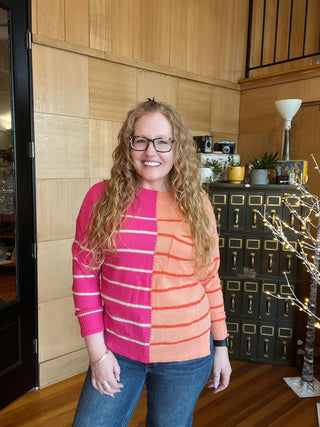SHERBET AND FUCHSIA STRIPED CONTRAST SWEATER WITH POCKET