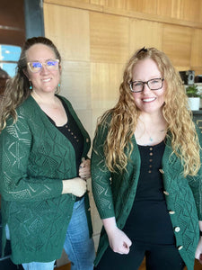 Michelle & Danielle in olive green cardigans "cardi's and swaters"