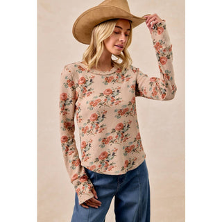 FLORAL PRINT WASHED WAFFLE THERMAL TOP WITH THUMB: TAUPE / S