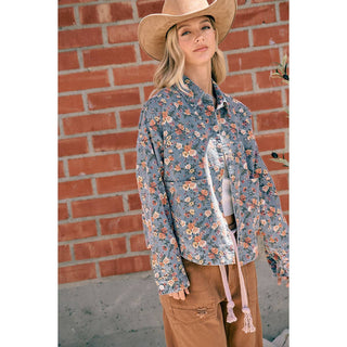 WOMENS BLUE FLORAL COTTON DENIM BUTTON SHIRT JACKET: WASHED DENIM / XL