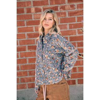 WOMENS BLUE FLORAL COTTON DENIM BUTTON SHIRT JACKET: WASHED DENIM / M