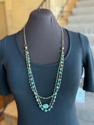 BEADED BRONZE STONE AND CHAIN THREE LAYER NECKLACE