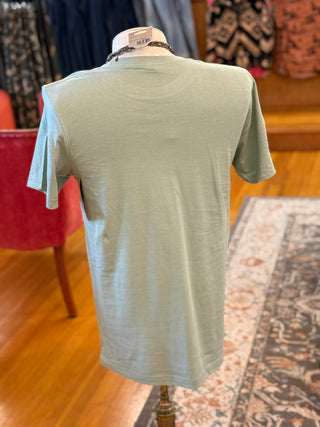 SAGE GREEN FLORAL ACCENT TOP BLOOM COLLAR CREW NECK TEE