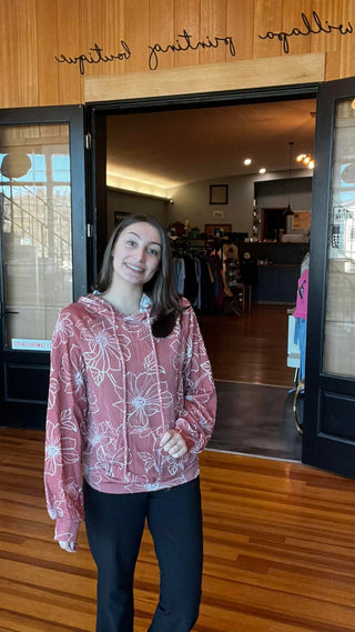 Brown Floral Twisted Rib Drawstring Kangaroo Pocket Hoodie