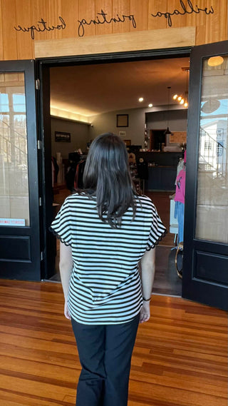 Black Striped Print V Neck Delicate Trim Casual Tee