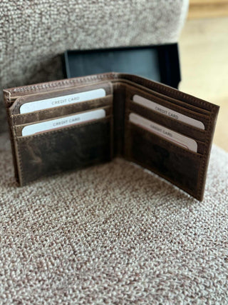 SLIM GENUINE LEATHER TRI-FOLD WALLET TOOLED AND EMBOSSED
