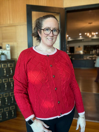 Racing Red Color Contrast Edge Cable Knit Buttoned Cardigan