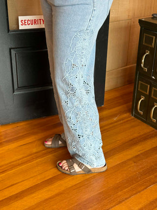BLAKELY LACE CUT OUT FLORAL WIDE LEG DENIM JEANS