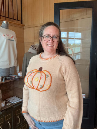 PUMPKIN FLORAL EMBROIDERED THANKSGIVING SWEATER OATMEAL BEIGE