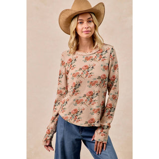 FLORAL PRINT WASHED WAFFLE THERMAL TOP WITH THUMB: TAUPE / S