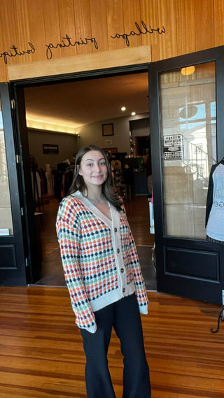 Multicolor Dotty Pattern Knit Button Front V Neck Sweater Cardigan