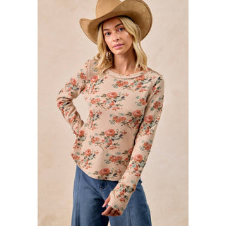 FLORAL PRINT WASHED WAFFLE THERMAL TOP WITH THUMB: TAUPE / S