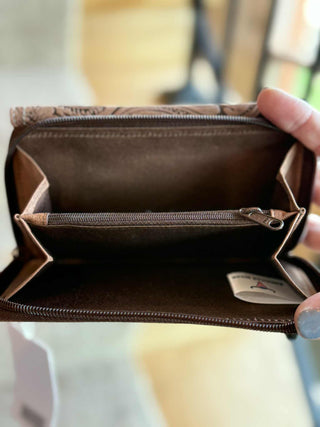 FLORAL TOOLED LEATHER FOLD OVER SNAP CLOSE CLUTCH WALLET