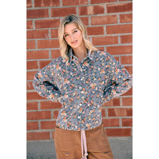 WOMENS BLUE FLORAL COTTON DENIM BUTTON SHIRT JACKET: WASHED DENIM / XL