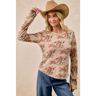FLORAL PRINT WASHED WAFFLE THERMAL TOP WITH THUMB: TAUPE / L