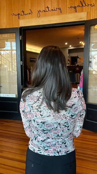 Black Retro Floral Print Mock Neck Mesh Long Sleeve Top