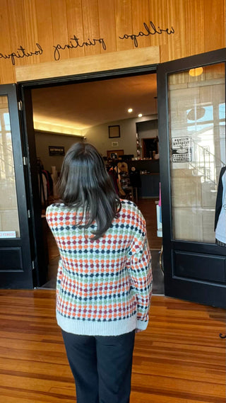 Multicolor Dotty Pattern Knit Button Front V Neck Sweater Cardigan