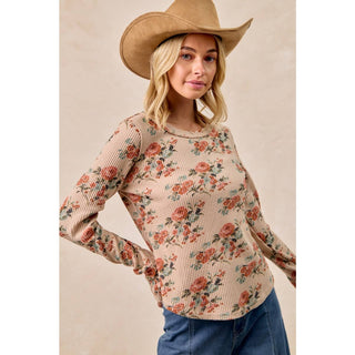 FLORAL PRINT WASHED WAFFLE THERMAL TOP WITH THUMB: TAUPE / L