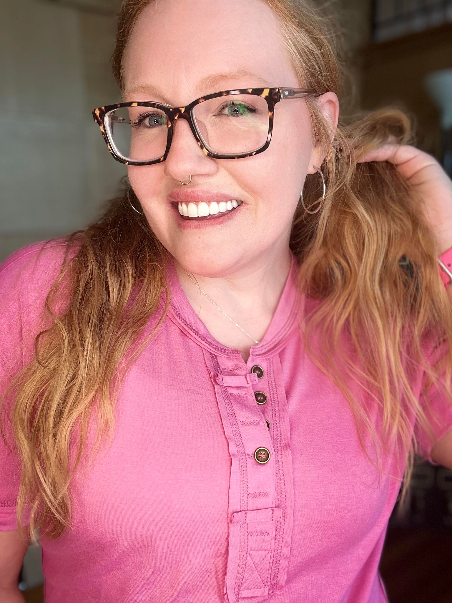 HOT PINK BUTTON DOWN TOP WITH RAW HEMS