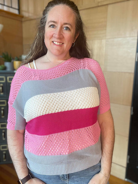 PINK, CREAM, AND GREY OPEN KNIT WIDE NECK SHORT SLEEVE TOP