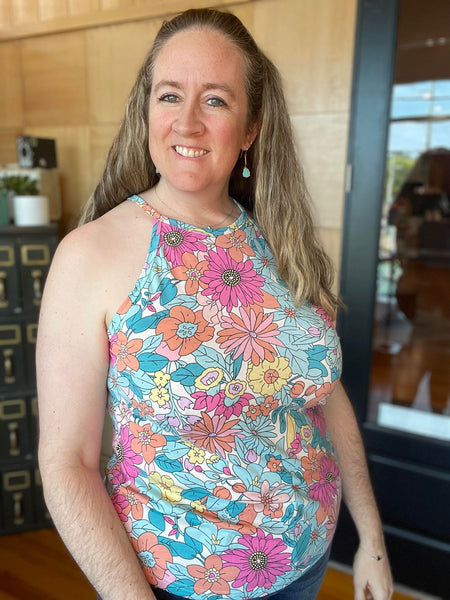 BRIGHT RETRO FLORAL PRINT HALTER STYLE TANK TOP