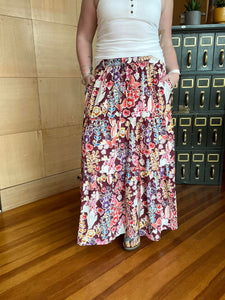 BRIGHT COLORFUL FLORAL PRINT MAXI SKIRT WITH POCKETS
