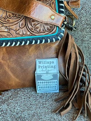 AMERICAN BISON TOOLED LEATHER FLAP OVER CROSSBODY PURSE