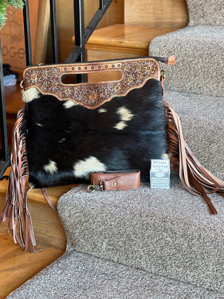 AMERICAN BISON HAIR ON HIDER CROSSBODY WITH CUT OUT HANDLES