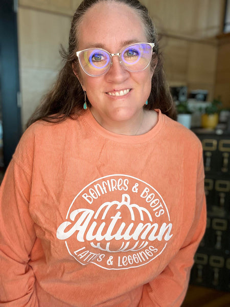 BONFIRES AND BOOTS, LEGGINGS AND LATTES, AUTUMN PULLOVER CORDUROY TOP