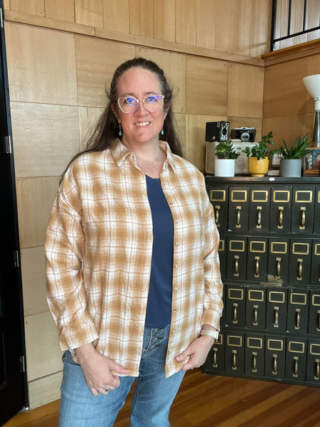 MUSTARD AND RED PLAID BUTTON DOWN SHACKET