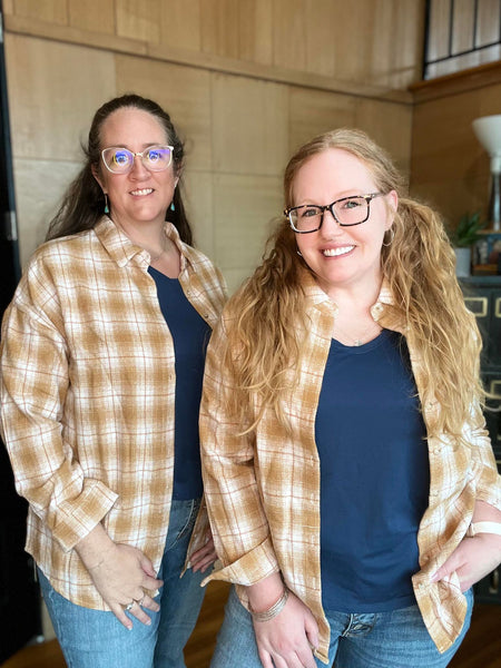 MUSTARD AND RED PLAID BUTTON DOWN SHACKET