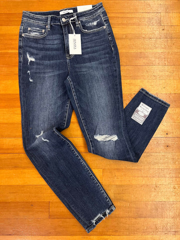 "THE TONI" DARK WASH DISTRESSED ZENANA SKINNY JEANS