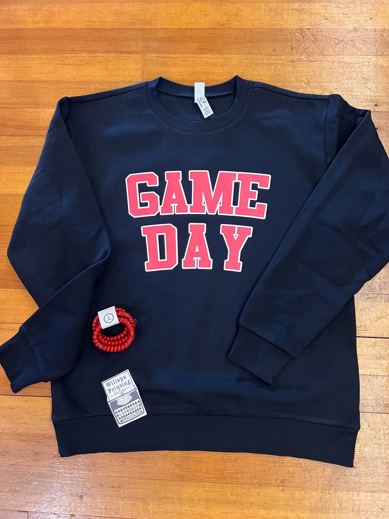 BLACK WITH RED AND WHITE GAME DAY CREWNECK SWEATSHIRT