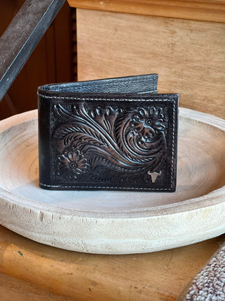 AMERICAN BISON TOOLED LEATHER MONEY CLIP WALLET