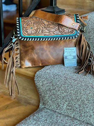 AMERICAN BISON TOOLED LEATHER FLAP OVER CROSSBODY PURSE