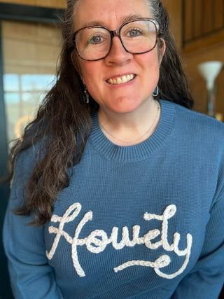 Dusk Blue Howdy Embroidered Graphic Western Sweater