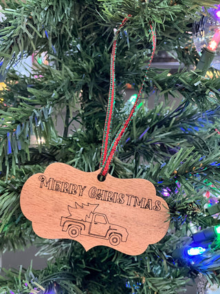 MERRY CHRISTMAS TRUCK AND TREE ETCHED WOOD ORNAMENT