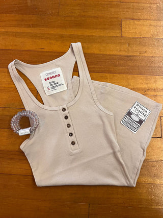 SAND BEIGE RIBBED BUTTON DOWN TANK TOP
