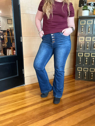 THE "HALLEE" RISEN BRAND HIGH RISE BUTTON DOWN BOOTCUT JEANS