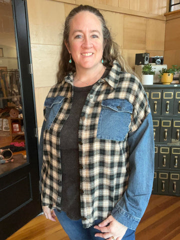BRUSHED PLAID AND DENIM BUTTON DOWN JACKET