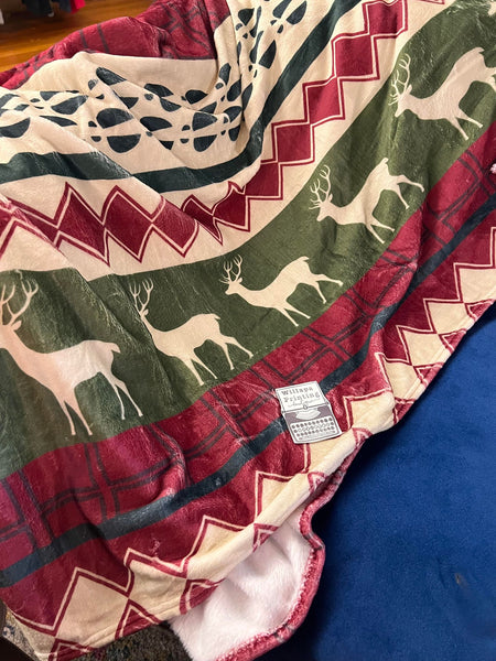 DARK GREEN CHRISTMAS ELK PRINT SHERPA THROW BLANKET