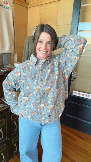WOMENS BLUE FLORAL COTTON DENIM BUTTON DOWN WASHED DENIM SHIRT 