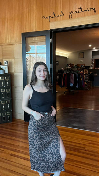 "The Wild One" - Brown Leopard Denim Frayed Split Denim Midi Skirt