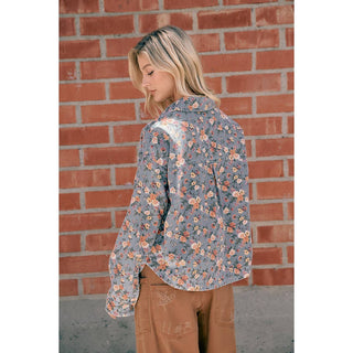WOMENS BLUE FLORAL COTTON DENIM BUTTON SHIRT JACKET: WASHED DENIM / S