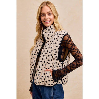 POLKA DOT PRINT PIPING DETAIL QUILTED VEST: CREAM & BLACK