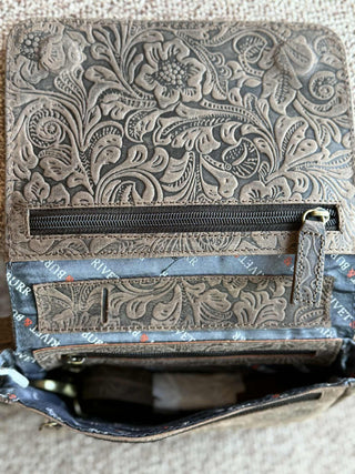 GENUINE BROWN LEATHER FLOWER TOOLED CONCEALED CARRY PURSE