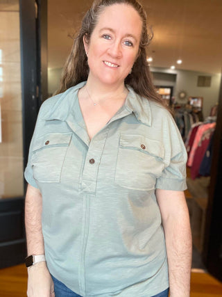 SAGE GREEN HALF BUTTON BLOUSE TOP WITH POCKETS AND RAW SEAMS