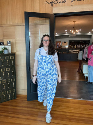 BLAKELY FLORAL BLUE TEXTURED OVERALLS
