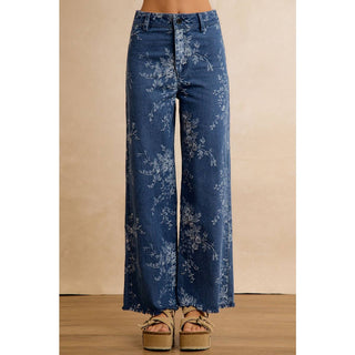 VINTAGE FLORAL VINE PRINT WIDE LEG JEANS: DENIM / M