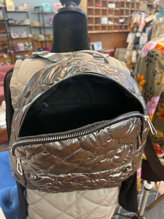 metallic silver backpack